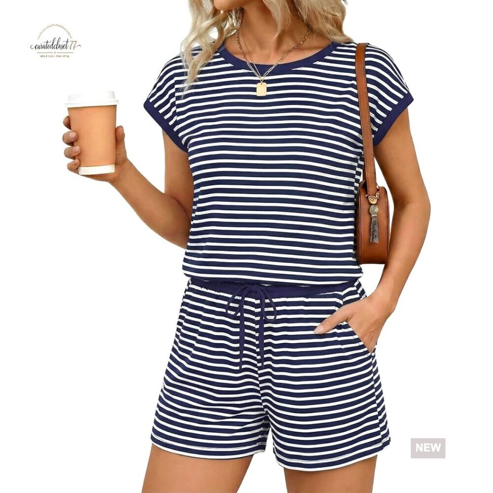 Large Striped Romper with Pockets, Cap Sleeves, Drawstring Waist